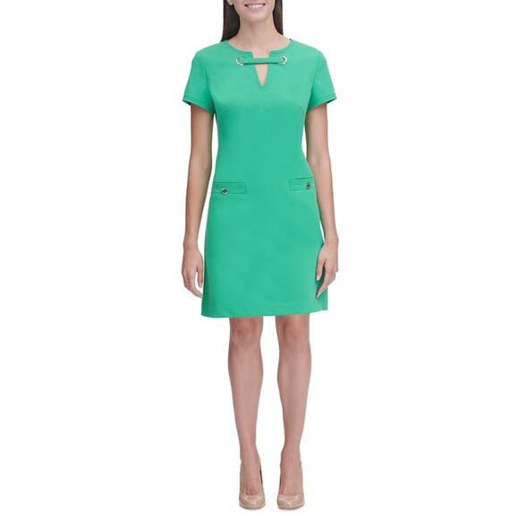 Tommy Hilfiger Kelly Green Short Sleeve Grommet Split Neck Sheath Dress Size 14 - Picture 2 of 10